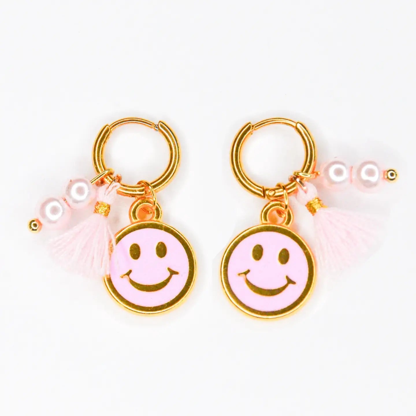 Bedel Oorbellen 'Pink Pearly Smiley' – Goudkleurige Stainless Steel Oorbellen