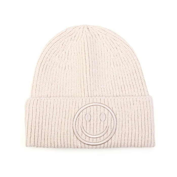 Beige Muts met Smiley – Warme Dames Winter Muts