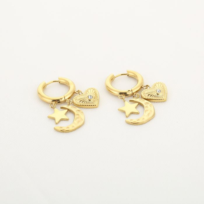 Creolen met Maan, Ster en Hart - Goudkleurige Stainless Steel Oorbellen