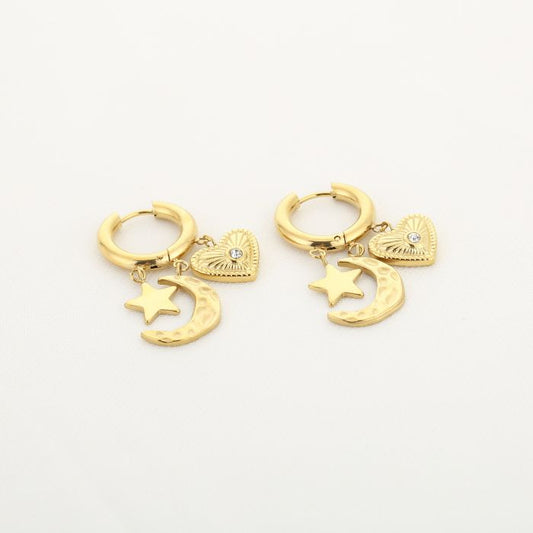 Creolen met Maan, Ster en Hart - Goudkleurige Stainless Steel Oorbellen