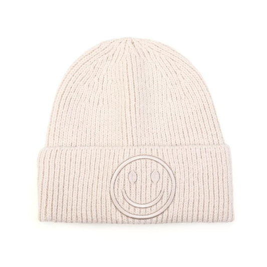 Beige Muts met Smiley – Warme Dames Winter Muts